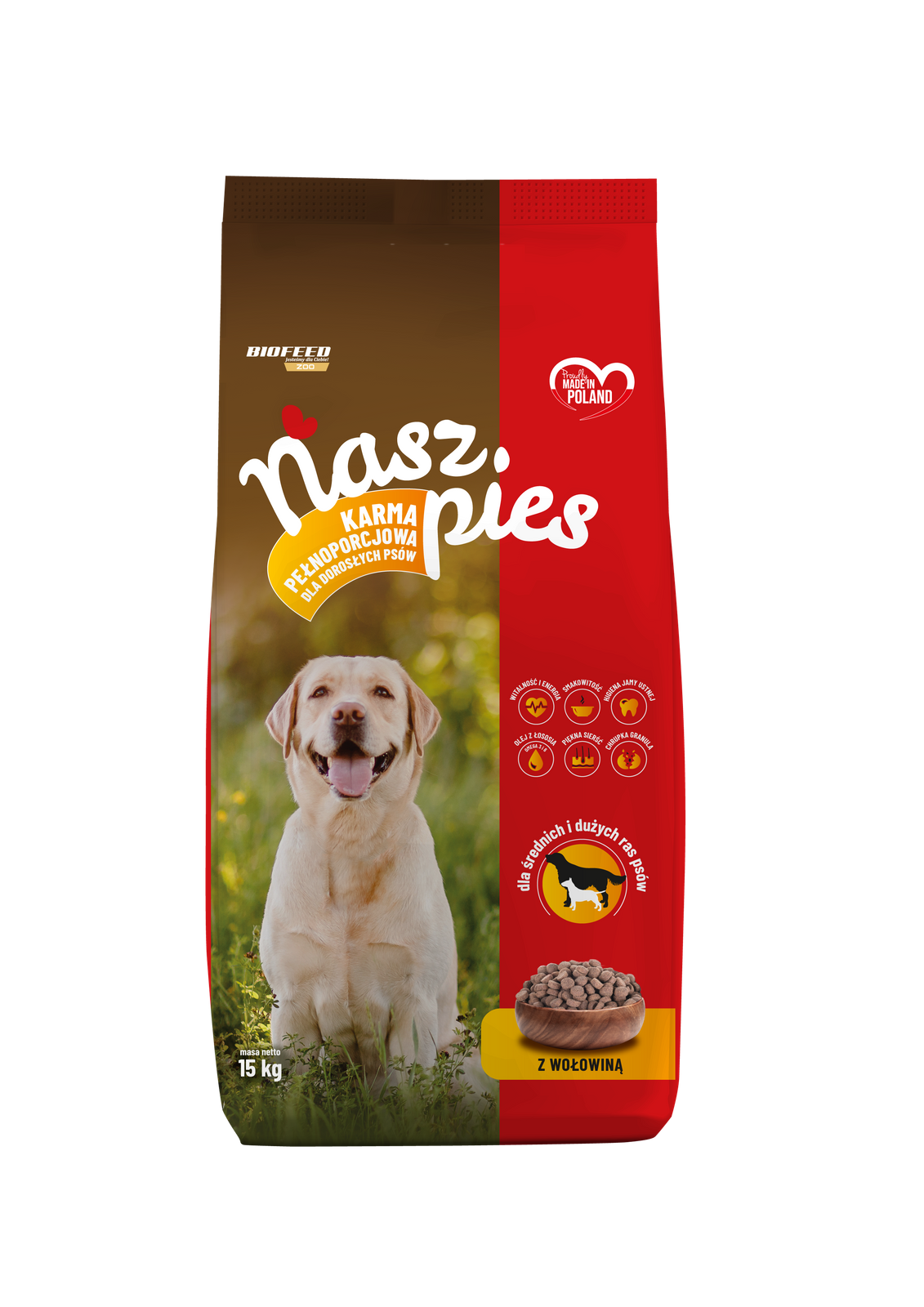 Сухий корм для собак BIOFEED NASZ PIES, середніх і великих порід, з яловичиною, 15кг